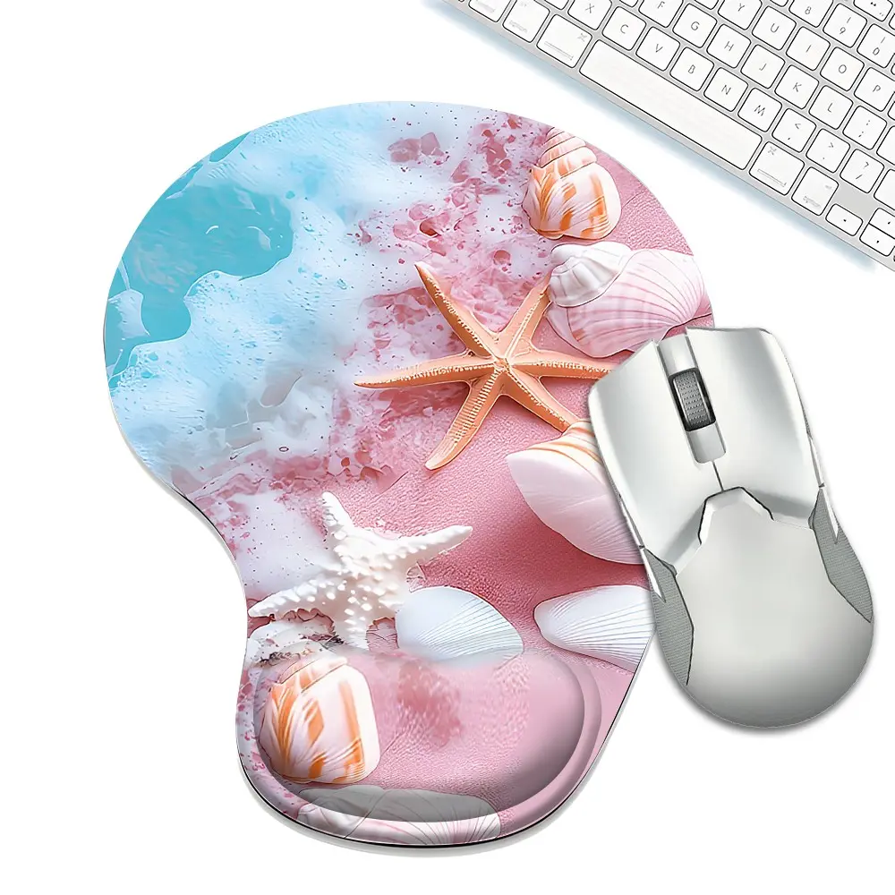 Funny Beach Starfish Seashell Mouse Pad with Wrist Rest, Ergonomic Support, Non-Slip Rubber Base, Soft Memory Foam, Comfortable Desk Mat for Work Gaming, Aesthetic Coastal Decor, Non Slip Mousepad