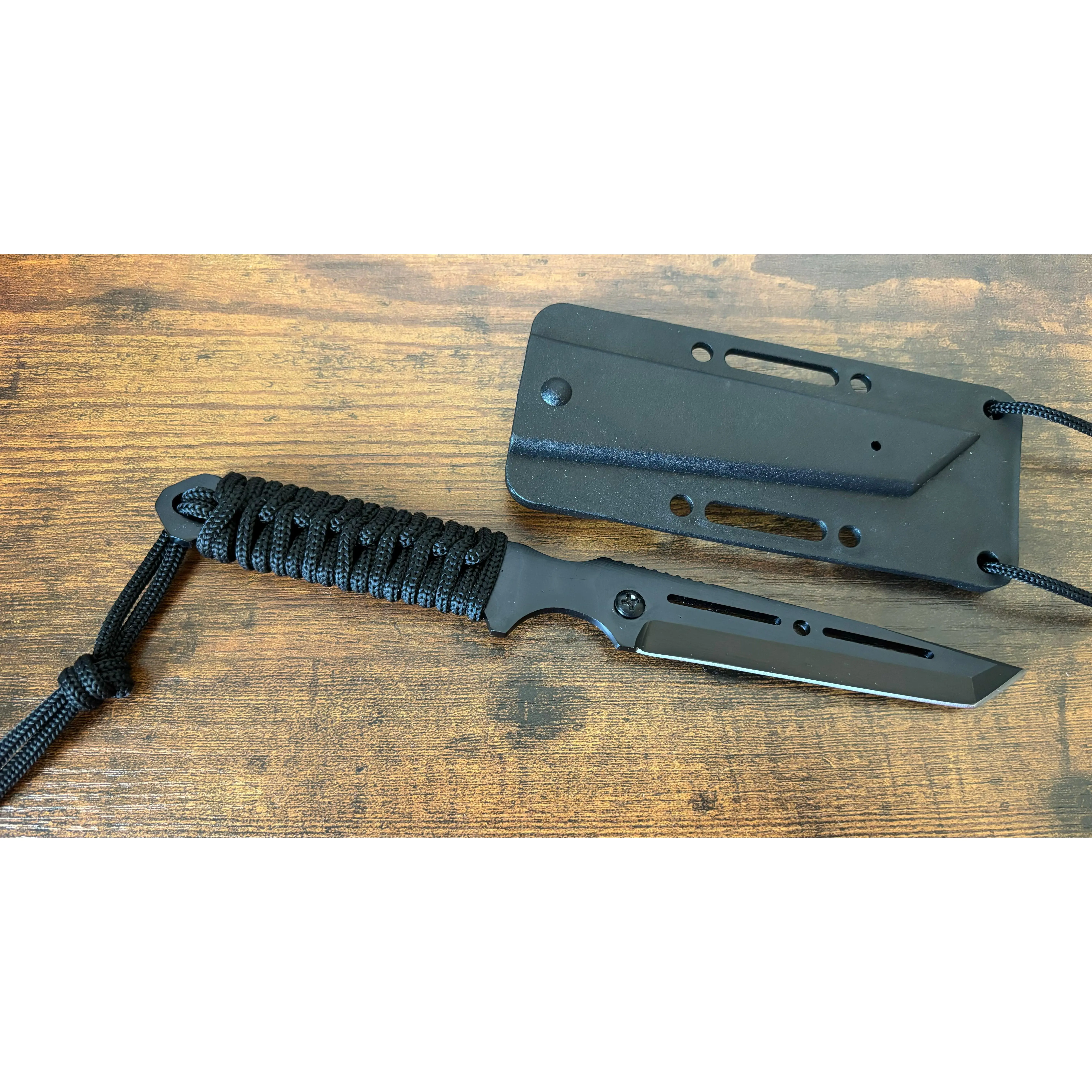 Paracord Knife 8 Inches Overall Cord Wrapped Handle Hard Sheath Lanyard Safety Whistle Single Bevel Edge