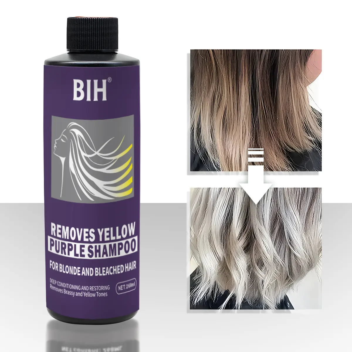 Purple Toning Anti Brass Haircare Shampoo 268ml, removes brassiness from hair, eliminates unwanted yellow/orange tones, and reveals cool grey/silver shades.