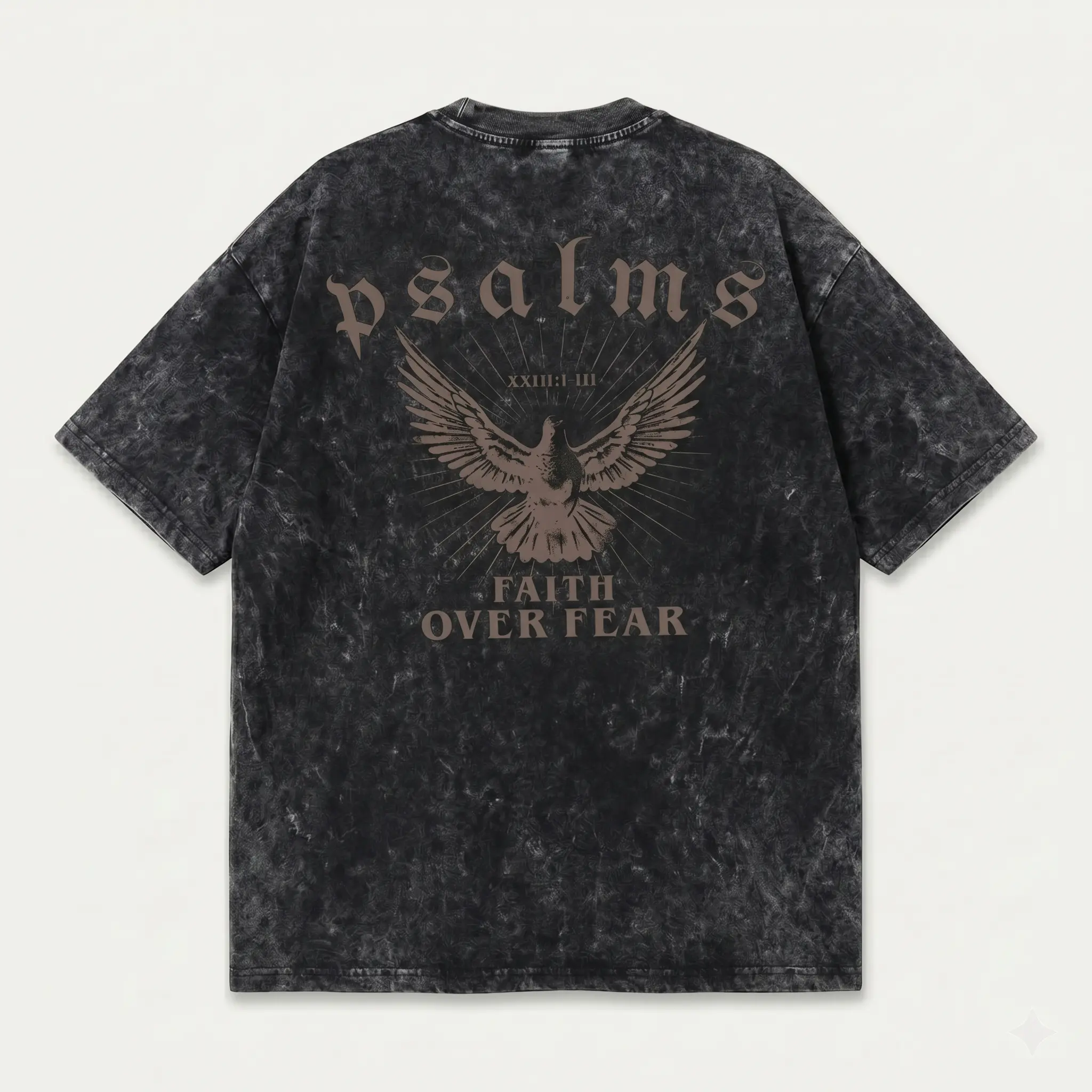 Vintage Washed "Faith Over Fear" Psalms Dove Graphic T-Shirt Oversized Christian Faith Streetwear TeeDistressed Acid Wash Black Tshirt | Psalms "Faith Over Fear" Retro Dove Christian Oversized Religious Short Sleeve
