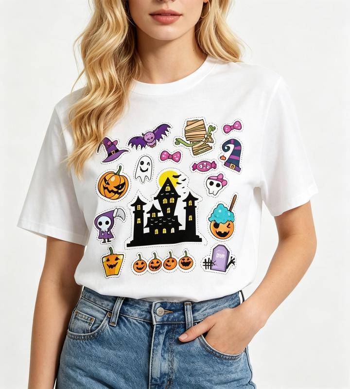 Women's Fitted Comfortable Crew Neck Halloween Sticker Collage Tee - White, Haunted Graphics, Haunted House, Ghost, Mummy, Spooky, Casual Short Sleeve Tshirt, Beach Style #sohochic