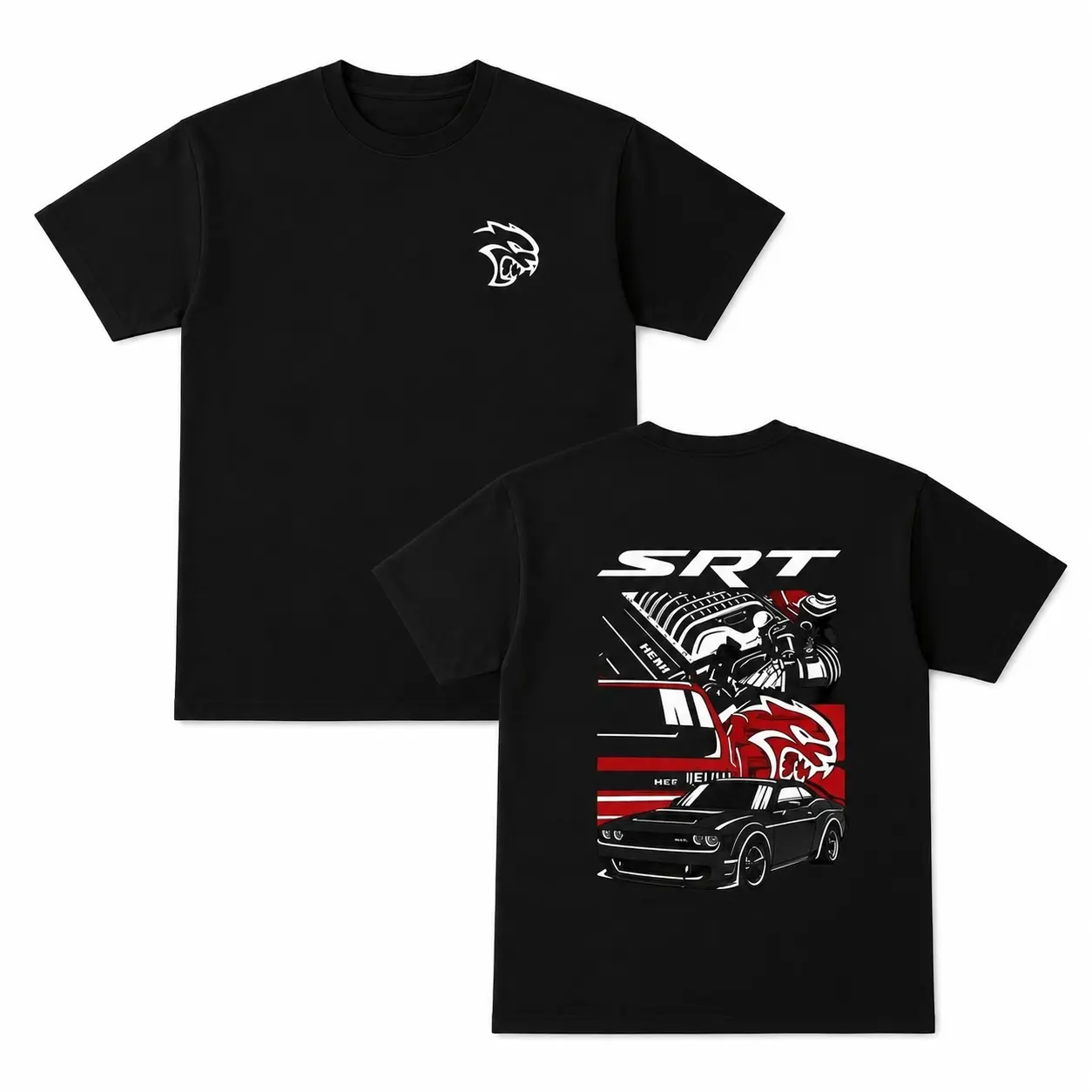 Orcacoatings Men's 100% Cotton Round Neck Shortsleeve Tshirt - Black Dodge SRT Hellcat Engine Cartoon Graphic, Lightweight, Plus Sizes, Streetwear, Casual Automotive Menswear Top for Jeans Pairing