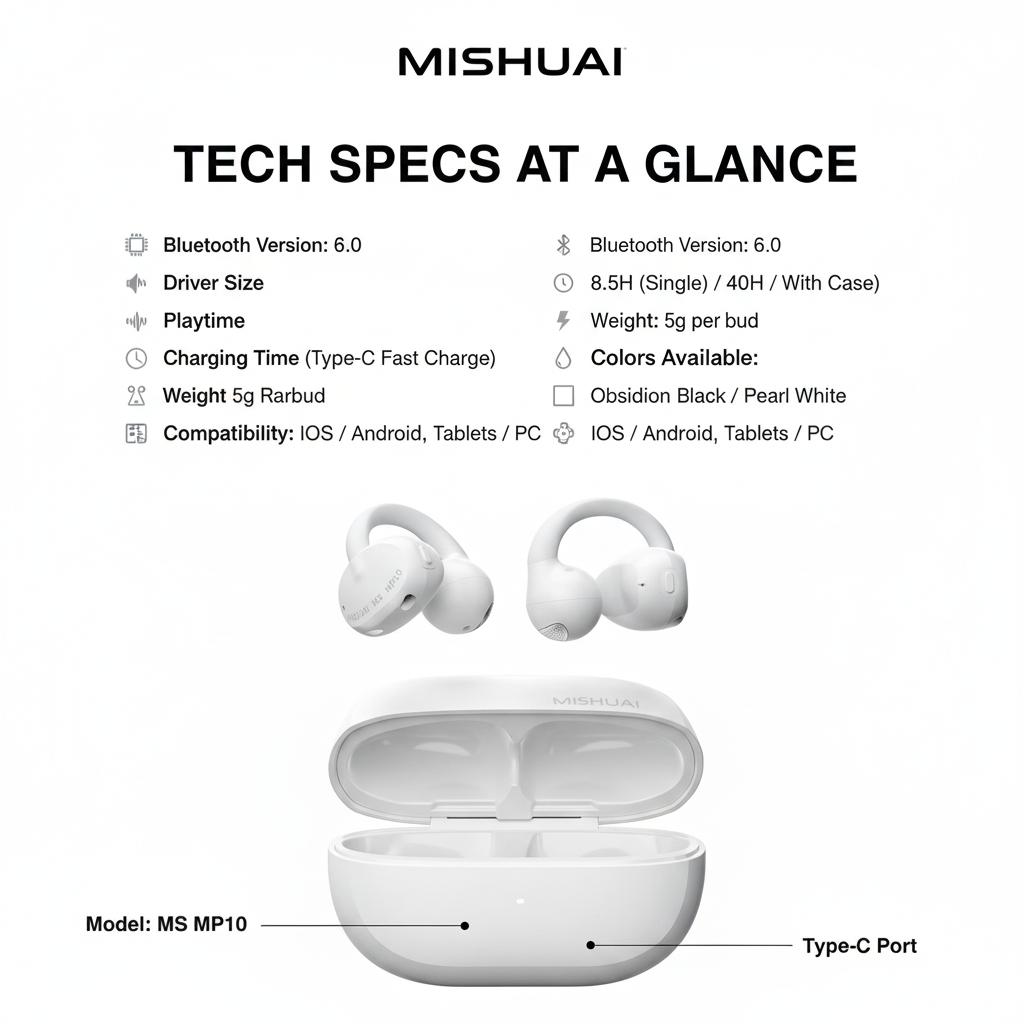 MISHUAI Open Ear Headphones Bluetooth 6.0, 5g Ultra-Light, 40H Battery, IPX6 Waterproof, 720° Surround Sound for Workout & Gaming, Clip-On Design, Zero Ear Fatigue ENC Headset Assistant Voice Smart with MISHUAI Open Ear Headphones Bluetooth 6.0, 5g Ultra-Light, 40H Battery, IPX6 Waterproof, 720° Surround Sound for Workout & Gaming, Clip-On Design, Zero Ear Fatigue ENC Headset Assistant Voice Smart with