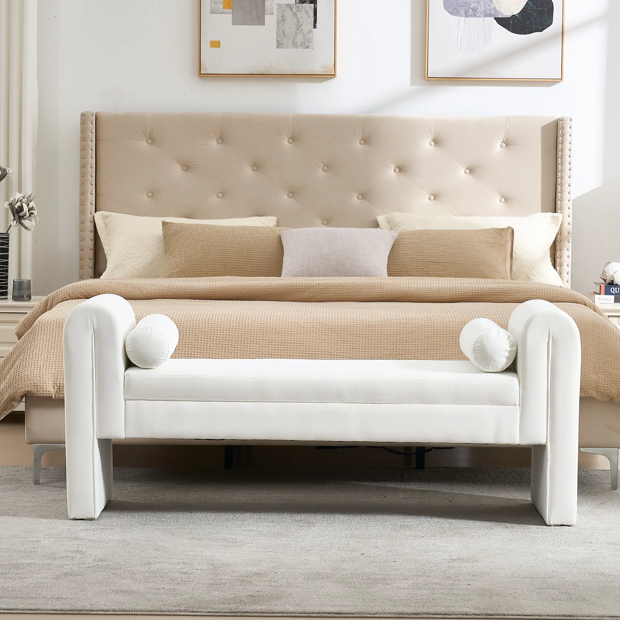 【Deals for You Days】60" Velvet Storage Bench with 2 Pillows, Upholstered Button Tufted Ottoman with Rolled Arms, Long End of Bed Stool for Bedroom & Entryway (White)