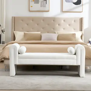 60" Velvet Storage Bench with 2 Pillows, Upholstered Button Tufted Ottoman with Rolled Arms, Long End of Bed Stool for Bedroom & Entryway (White)