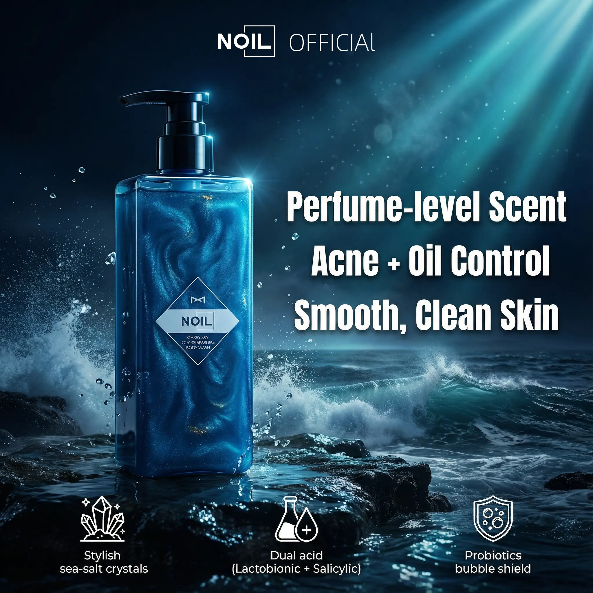 NOIL Aquablue Body Wash Dual Acid + Probiotics for Back Acne, Excess Oil & Itchy Skin, Perfume-Inspired Fresh Scent, 400ml,travel essentials,sunscreen