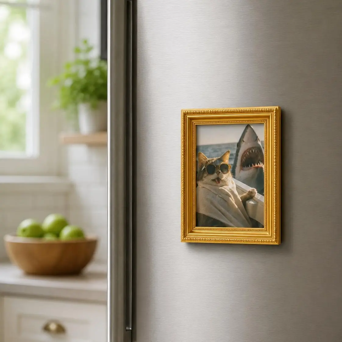 Funny Cat and Shark Gold Frame Fridge Magnet Humorous Boat Trip Refrigerator Magnet Cute Decor