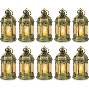 Mini Decorative Lanterns for Centerpiece, 10pcs Hanging Small Gold Lantern Bulk with Flickering LED Candles, Batteries Included for Wedding Party Table Decorations Christmas Halloween