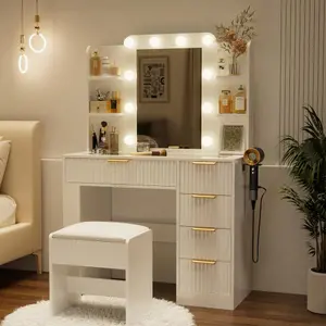 [Bellemave]Vanity Table with Mirror and Lights, Vanity Desk and Cushioned Stool Set with Charging Station, Storage Drawers and Transparent Tabletop for Women Girls Bedroom,