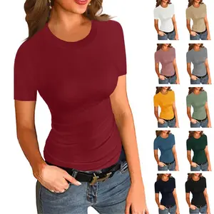 PASLTER Womens Crewneck Short Sleeve Ribbed T-Shirt Slim Fit Tops Solid Basic Tee