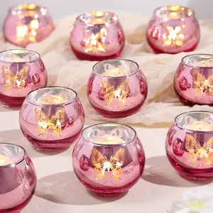 12 Pcs Pink Butterfly Votive Candle Holders Bulk Tea Light Candle Holder Set for Wedding Birthday Anniversary Parties Holiday Table Centerpiece Decorations