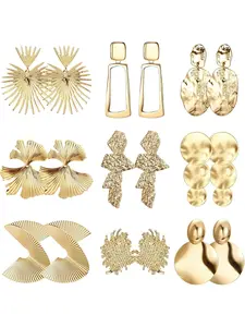 9Pairs Gold Clip On Statement Earrings for Women Large Gold Earrings Exaggerated Women's Clip-on Earrings Non Pierced Geometric Leaf Round Dangle Earrings Cross Dangle Earring