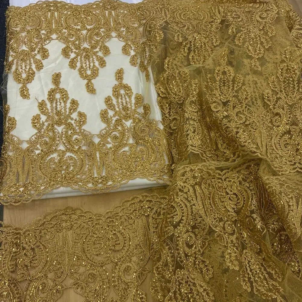Dark Gold Lace Fabric with Sequins-Applique Lace Fabric