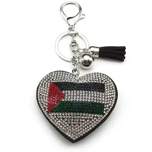 Heart Shaped Rhinestone Palestinian Flag Keychain | Bling Pro-Palestine Bag Charm | Stainless Steel | Palestine Pride Gift for Women & Girls | Tassel + Bell Accent | Support Gaza | Key Ring for Events, Rallies, Backpacks, Gifts & Car Keys