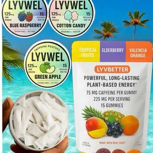 LYVWEL 3 Cans 125mg Caffeine Pouches Blue Raspberry Green Apple and Cotton Candy + One Pack LYVBETTER Caffaine Gummy’s 225 mg per Serving-Extreme Energy & Focus