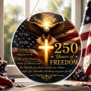 USA 250th Anniversary Patriotic Acrylic Wall Art, 8 Inch Round Hanging Plaque Decor, 1776-2026 Years of Freedom Eagle American Flag Door Wall Window Decoration for 4th of July, Memorial Day, Veterans Day