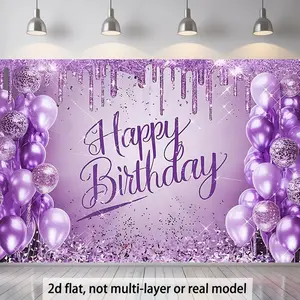 2D Flat - One Piece of a 2D Flat Banner Featuring a Purple Glitter Birthday Theme with a Balloon Backdrop, Suitable for Decoration Purposes. This Polyester Banner Can Enhance Home, Room, And Wa