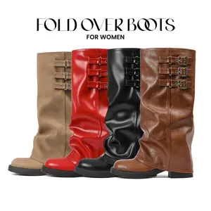 CELNEPHO Womens Knee High Fold Over Boots Suede Round Toe Chunky Block Heel Wide Calf Adjustable Buckle Casual Work Outdoor Events Vacation Party Trendy Shoes