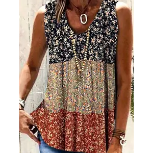Plus Size Color Block Floral Print Tank Top, Casual Sleeveless V Neck Top For Summer & Spring, Women's Plus Size Clothing