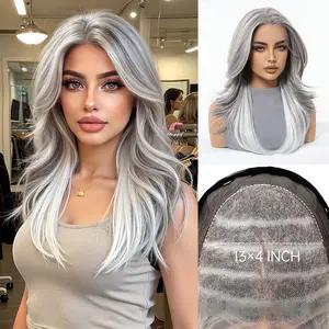European and American Style 13*6 Large Lace Wig for Women with Eight-Character Bangs, Gradient Granny Gray, Lazy Curl Full Wig