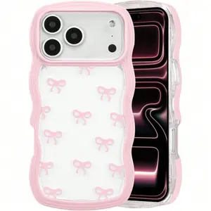 Pink Bow Case for IPhone 17 Pro Max/17 Pro/17 Air/17/16/15/14/13/12, Clear Cute Ribbon Bow Phone Case Curly Wavy Aesthetic Phone Cover, Slim Soft Transparent Shockproof Protective Cover for Women Girls