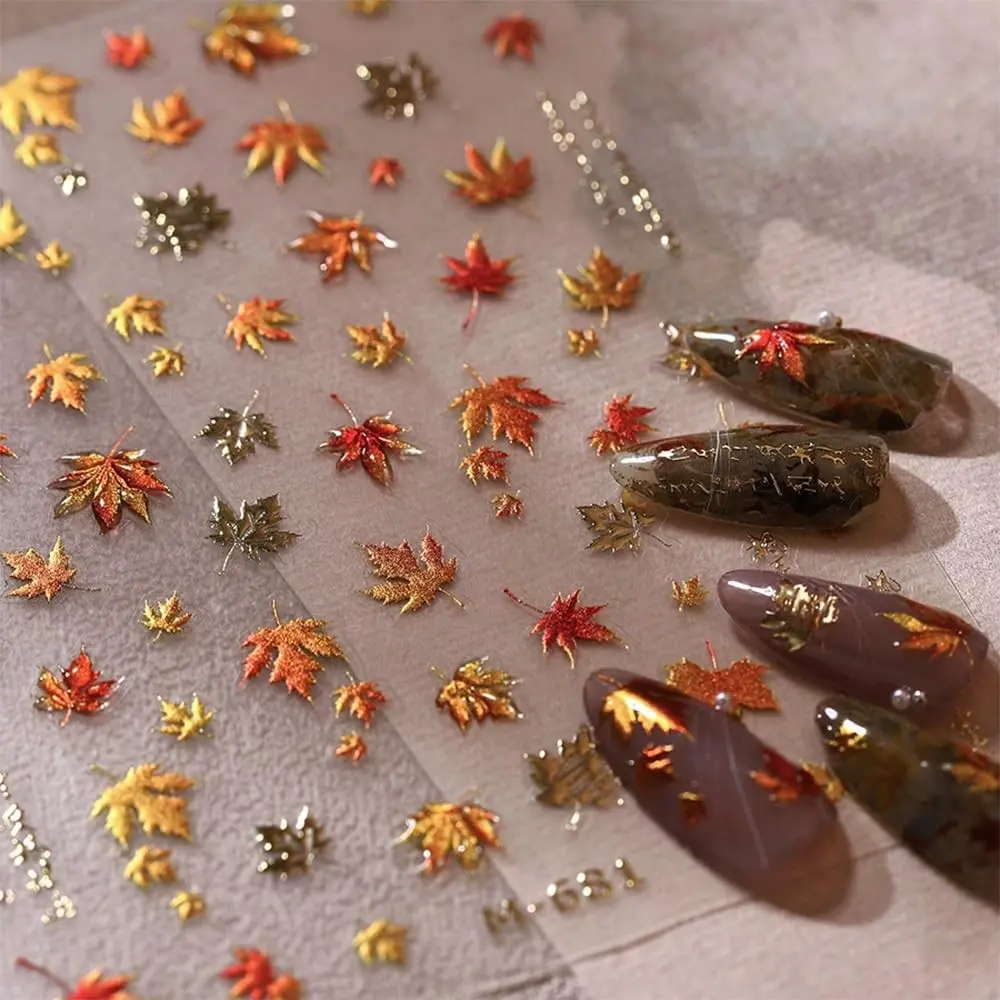 2 Piece Aurora Bow Stickers, Shell Relief 5D Nail Art DIY Supplies, Thanksgiving Summer Gold Maple Leaf Nail Decoration Stickers