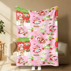 Vintage Strawberry Cartoon Art Blanket, Cute Strawberry Shortcake Soft Plush Blanket For Kawaii Style Room Decor Strawberry Shortcake Fan Gift Blanket, Retro Cute Cartoon Soft Plush Throw Blanket, Perfect Vintage Girl Lover Birthday Present summerwins