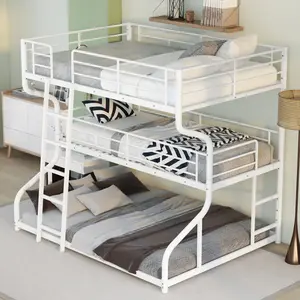 Triple Bunk Beds, Full XL over Twin XL over Queen Metal Bunk Beds for 3, Modern Style Heavy-Duty Steel Frame Bunk Bed with Safety Rail, Built-in Ladder for Bedroom, Dorm, Noise Free