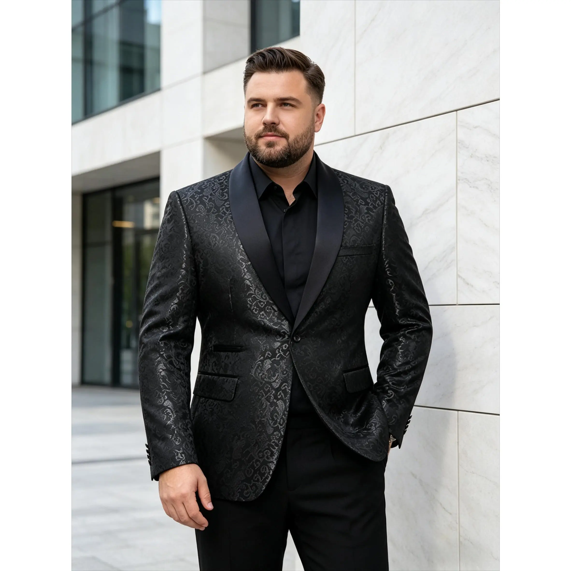Men’s 2-Piece Formal Floral Jacquard Satin Suit Set - Trending Blue & Black Polyester Shawl Lapel Blazer with Buttons, Pockets, Embroidery, Collared Long Sleeves, Breathable Fabric, Fitted Gentleman Tuxedo with Black Tie, All-Season Formal Menswear Outfit