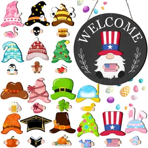 DIY Craft Interchangeable Gnome Welcome Door Sign, Custom Mix & Match Seasonal Wooden Magnet Ornaments Hanging Decor