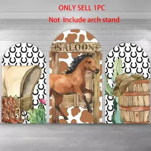 Western Saloon Horse Arch Covers Stretchy Backdrop – Cowboy Wagon & Horseshoe Design, Perfect for Cowboy Birthday & Western Party Photo Backdrop, Party Decor & Banners