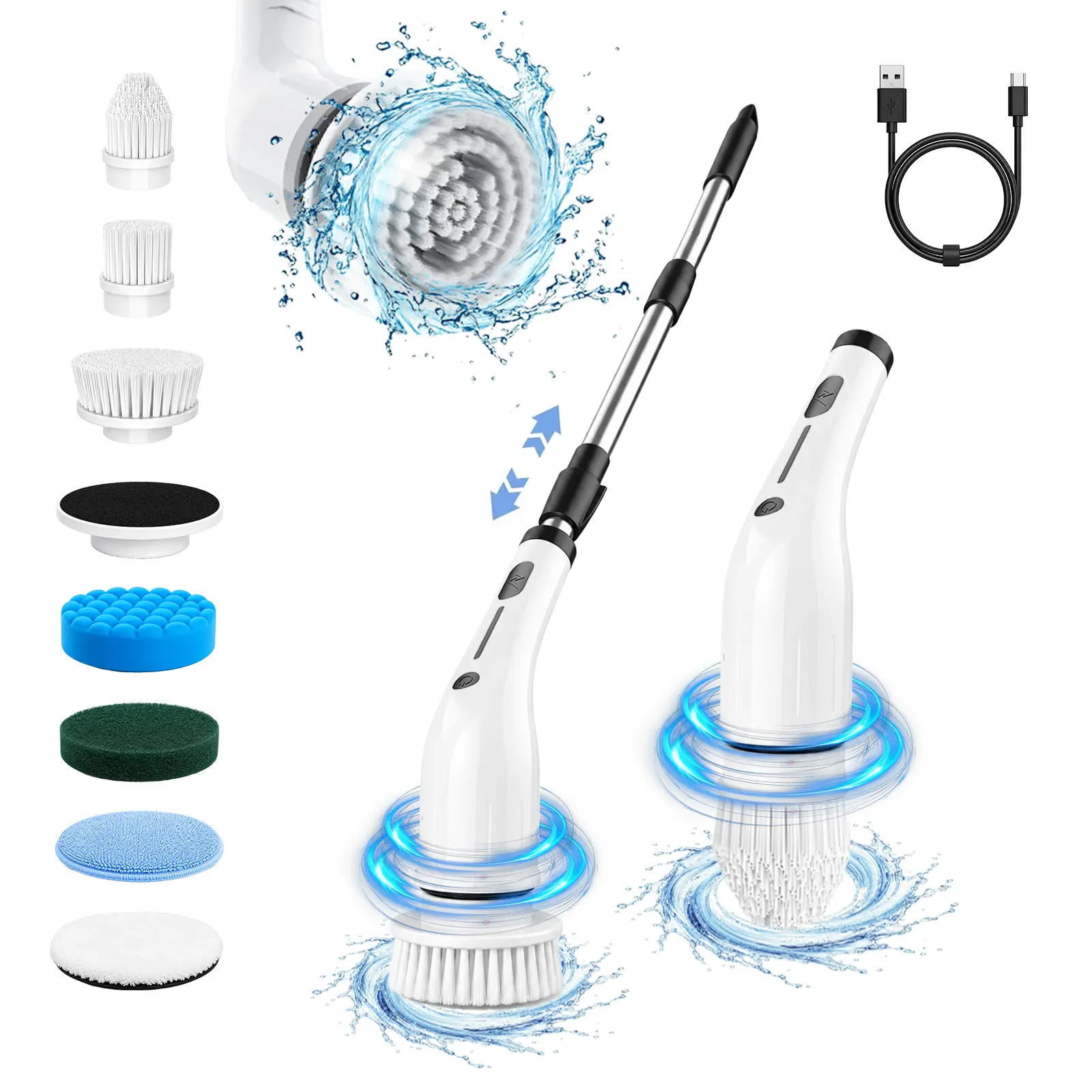 Electric Cordless Spin Scrubber, USB Rechargeable Scrubber with 4 Replaceable Heads, 8-in-1 Upgraded Extension Handle, Full-Body IPX7 Waterproof, 2H Work Time, 2 Speeds for Bathroom Shower Tile Glass, Rechargeable Spin Scrubber