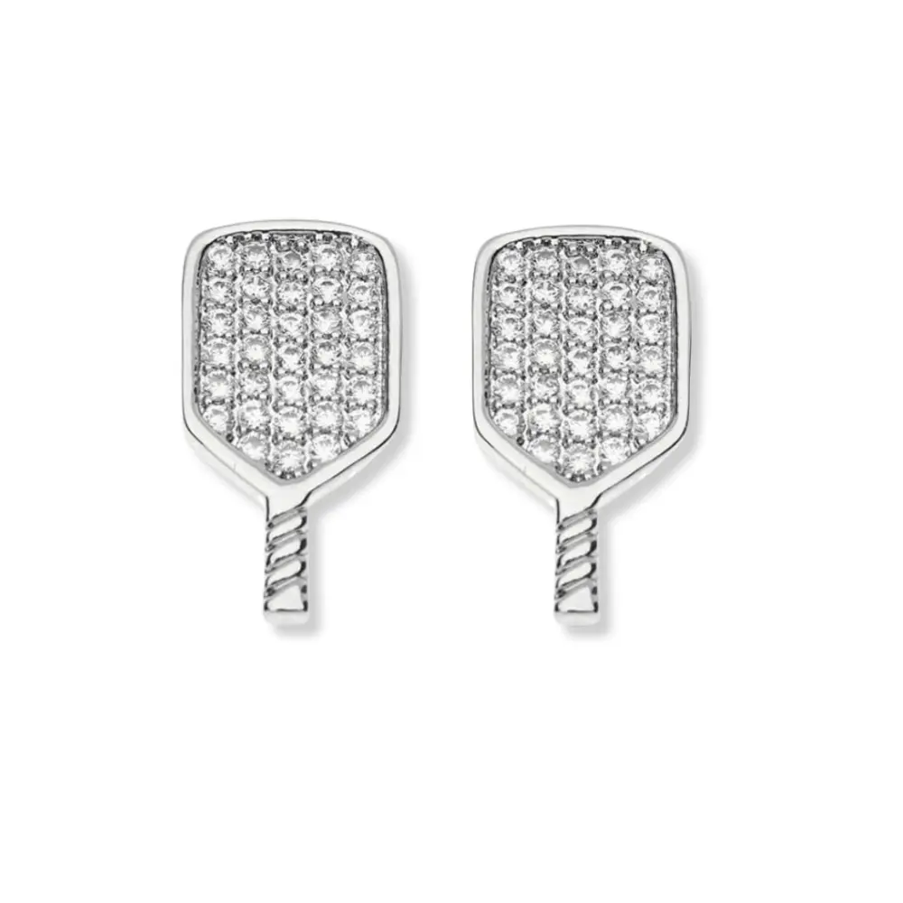 Silver CZ Pickleball Paddle Stud Earrings
