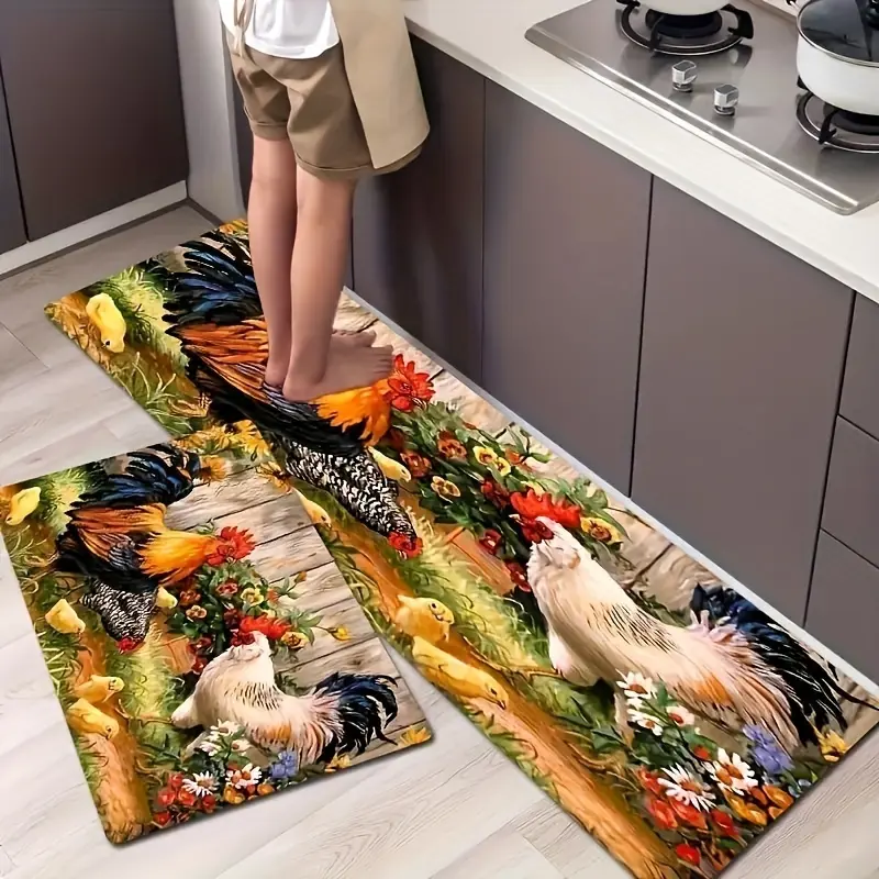 Durable Farmhouse Rooster & Sunflower Print Kitchen Rug - Absorbent, Anti-Scratch, Bold, Flower-Themed, Doorway Rug, Vibrant Rustic Country Home Decor, Seamless Flat Lay Aesthetic Textile, Absorbent Kitchen Rugs, Anti-Scratch Kitchen Rugs