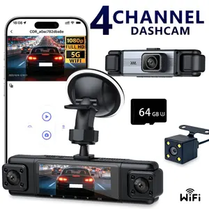 4 Channel Dash Cam, 360° Front and Rear Inside Camera for Cars, FHD 1080P, Wi-Fi, Night Vision, 24H Parking Mode, with 64GB SD Card