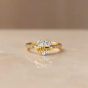Tied With Love Promise Ring – Gold Heart Bow Ring – 925 Sterling Silver – Gift for Girlfriend, Wife, Anniversary, or Birthday, Heart Bow Ring – Full Diamond Promise Ring GF, Romantic Engagement Style, Anniversary Gifts for Her