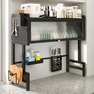 Kitchen Storage Cabinet Steel Over The Sink Dish Drying Rack 3-Tier Multi-Functional Kitchen Storage Rack Large Over The Sink Dish Rack with Cover