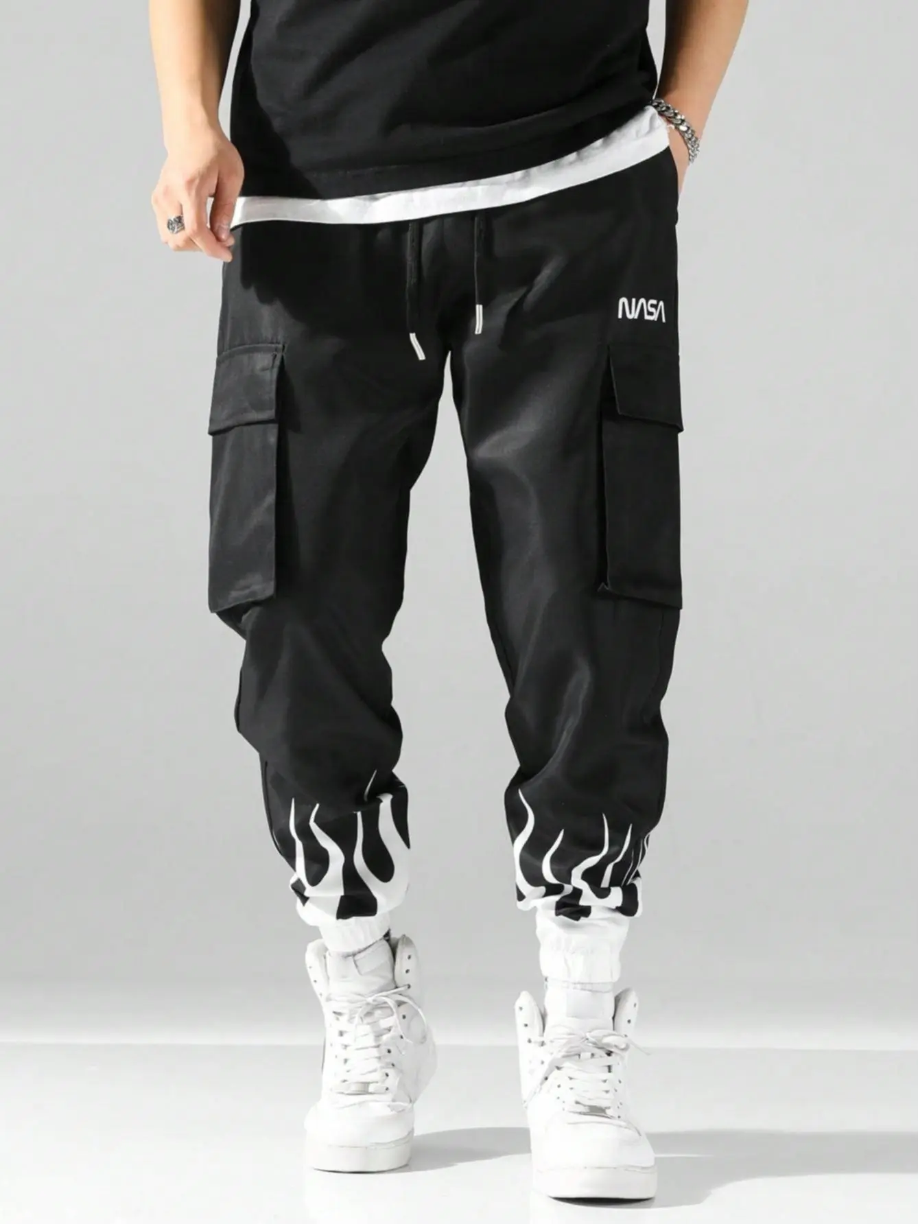 Men’s Casual Menswear Cargo Joggers - Black, NASA & Flame Details, Versatile Pants for Layering with Tees & Building Bold Street Fits, Print Men's Pants, Two-Toned Men's Pants