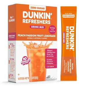 Dunkin’ Zero Sugar Refreshers Singles To Go! Powdered drink mix packets, Peach Passionfruit Lemonade,10 packets per box Energy from Green Tea, aspartame-free, no synthetic colors, naturally and artificially flavored, just add water