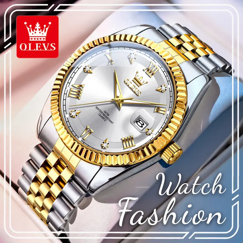 OLEVS 5680 Men's Alloy Analog Business Dress Quartz Watch - White Dial with Roman Numerals, Gem Accents, Large Date Window, Glow-in-the-Dark Hands, 3ATM Water Resistant, 40mm Precise Timepiece, Premium Gift for Business Gentlemen, Clasp, Backlit, G