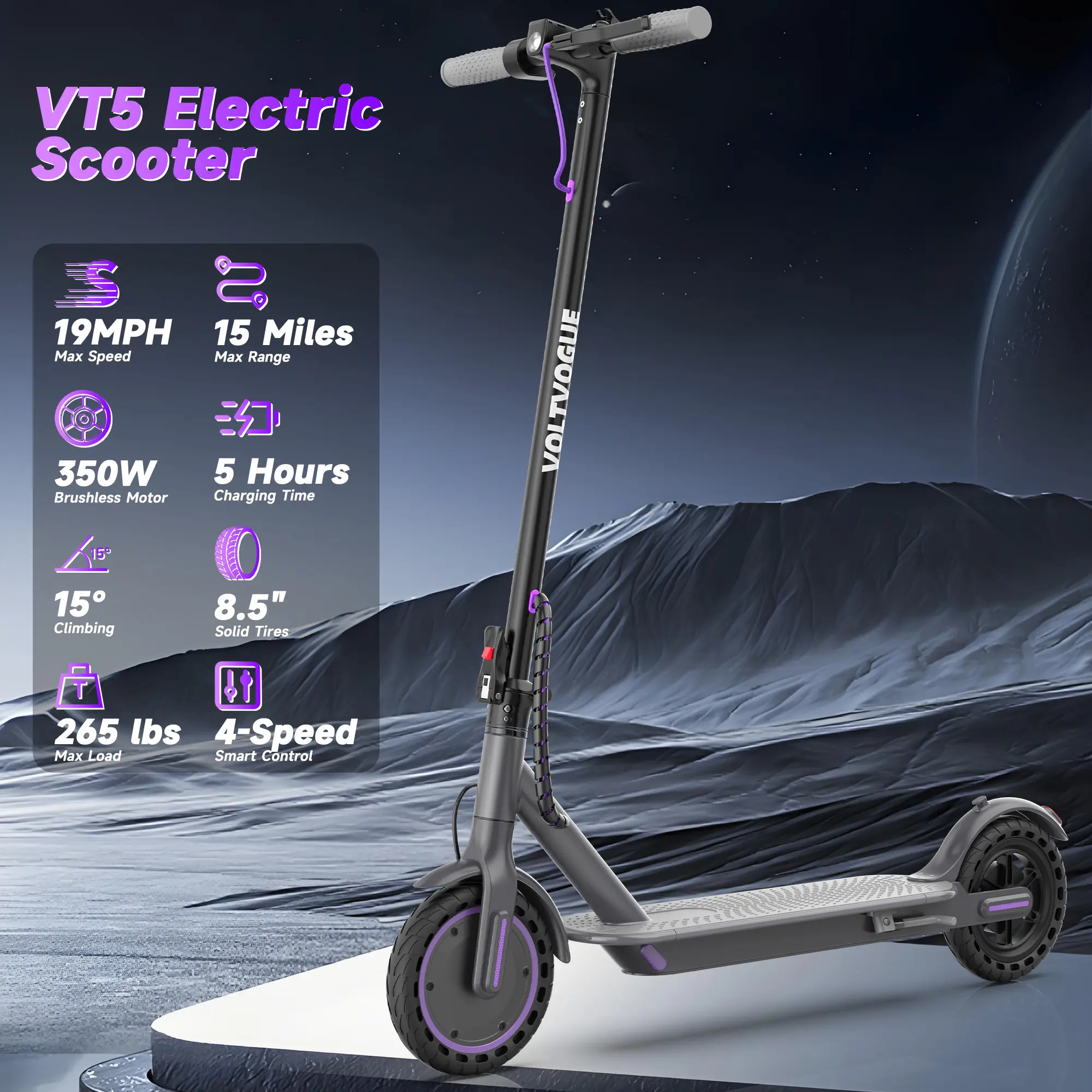 [VOLTVOGUE] Electric Scooter – 19 MPH Max Speed, 8.5" Honeycomb Solid Tires, 350W Motor, Up to 15 Miles Range, Foldable Design, Dual Braking System & App Control【VT5】