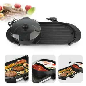 Portable Electric Griddle Grill,2in1 HotPot Smokeless Barbecue Non-Stick Pan 2000W,Adjustable Temperature,for Home Outdoor Camping Picnic BBQ