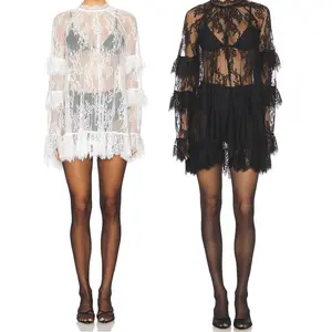 Women Lace Dress, No lining,Long Sleeve Crew Neck Sheer Dress Cocktail Dress Fall Mini Dress