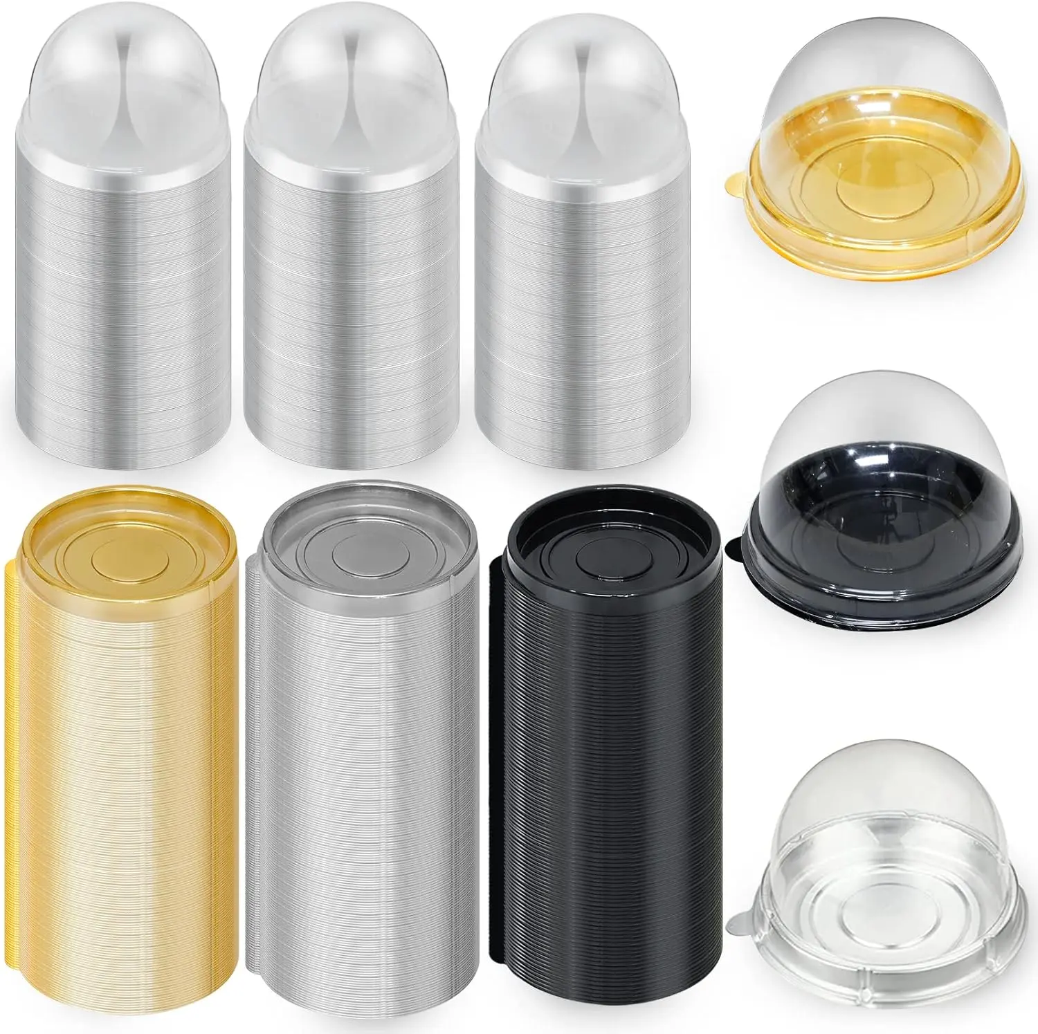 300PCS Mini Cupcake Containers Plastic Mini Individual Cupcake Boxes for Muffin Mooncake Mini Dessert Cookie Holders Disposable Single Cake Container with Dome Lid (Silver, Gold, Black)