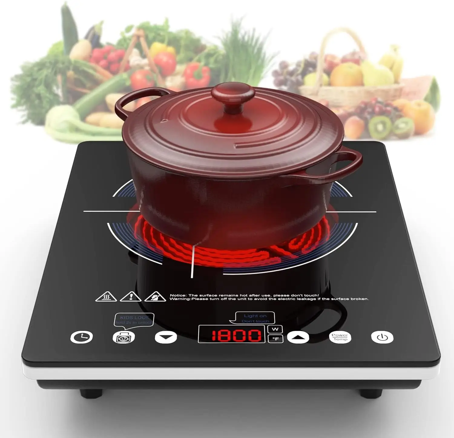 1800W Portable 110V Electric Induction Cooktop - Single Burner with LED Touch Control, 9 Power Levels, Kids Lock, Timer, Overheat Protection