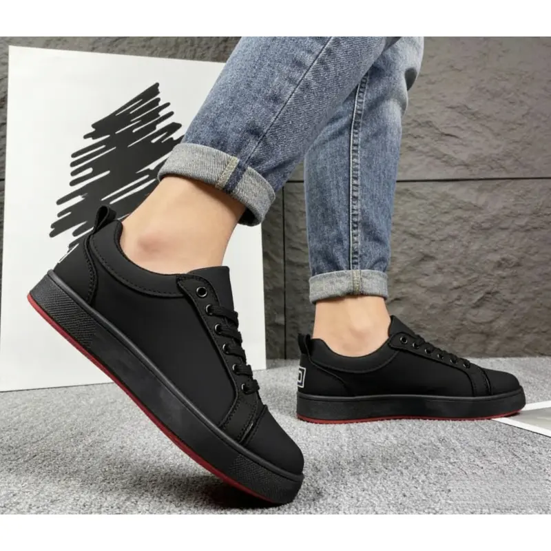 Men's All Black Skateboarding Trainers - Signature Red Sole, White and Black Midsole Option, Cushioned Breathable Low Top Footwear, Men's Shoes with EVA Foam, Rubber Outsole for Street Style & Work