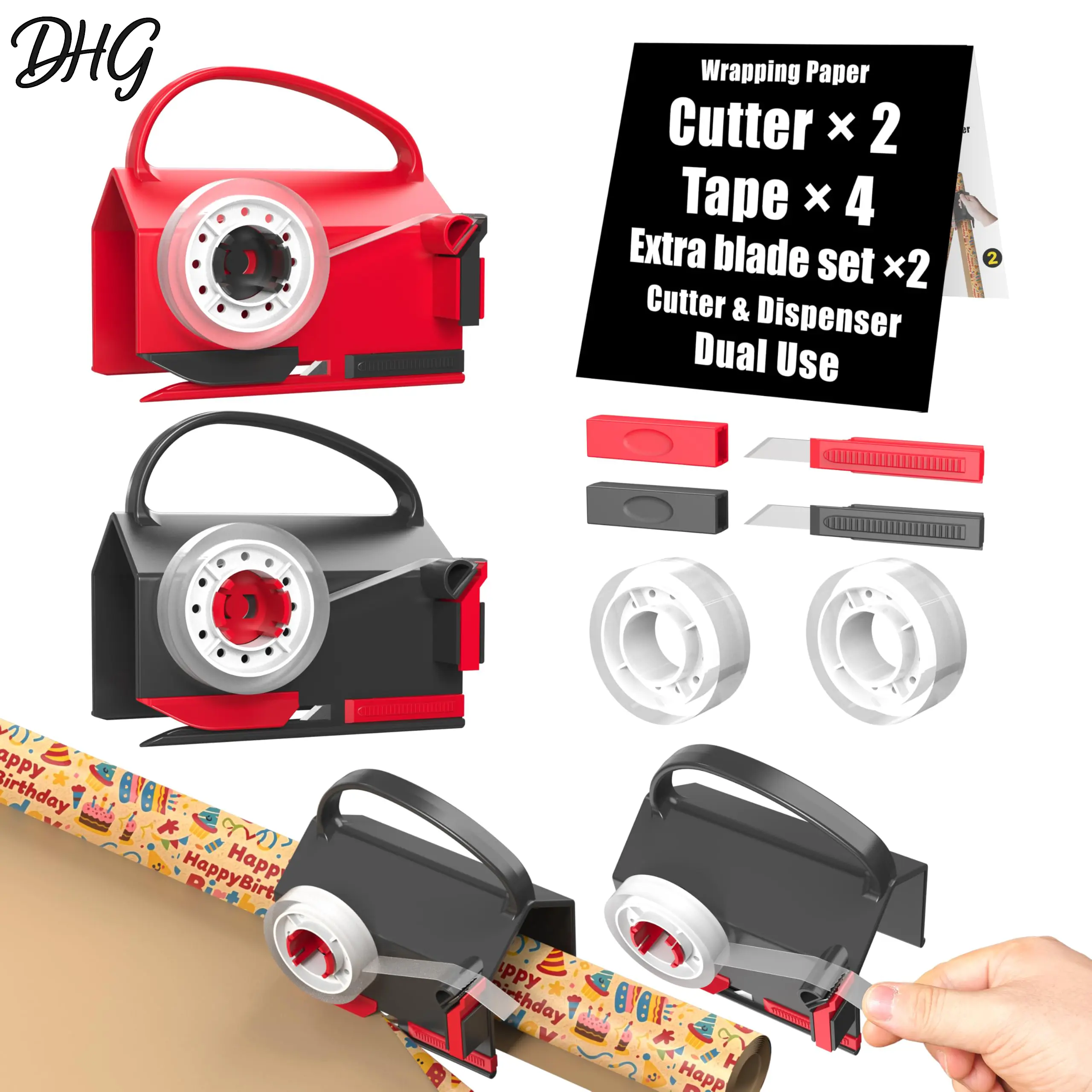 【DealsForYouDays】DHG 2-Pack Dual-Use Wrapping Cutter & Tape Dispenser Kit - Ergonomic Handle, 4 Tapes, 2 Replacement Blades, Paper Roll Holder Tube, Slides to Slice Cellophane/Kraft Paper, Handles Up to 1,000 Gift Boxes for Christmas/Birthday, Holiday