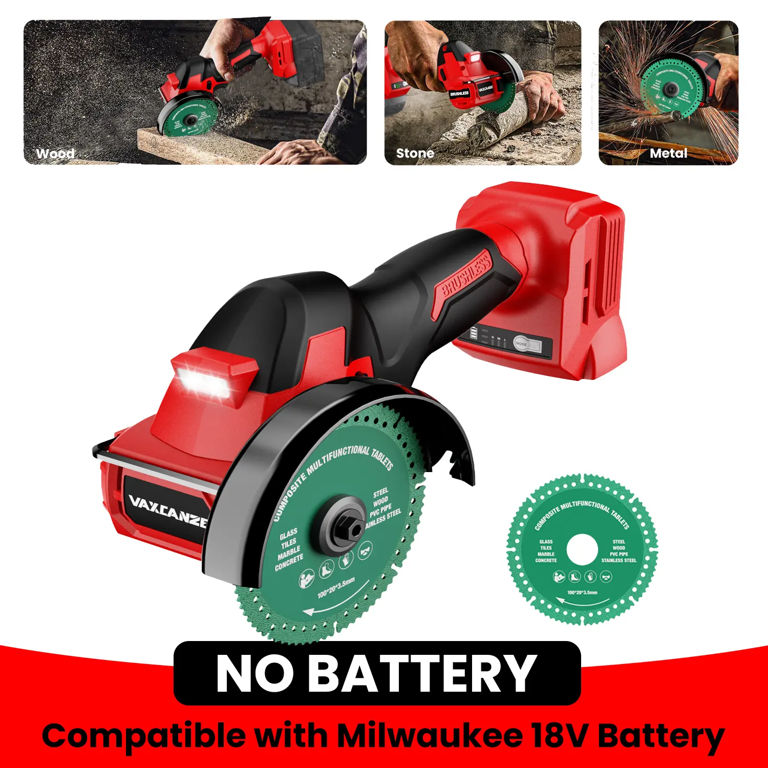 【No Battery】 Cordless Cut Off Tool Compatible with Dewalt 20V Battery/ for Milwaukee M18 Battery/ Makita 18V Battery, 18,000 RPM Brushless Motor, 4" Blades (2pcs) with Dust Cover, 1.2mm Max Blade Thickness for Wood/Metal/Plastic