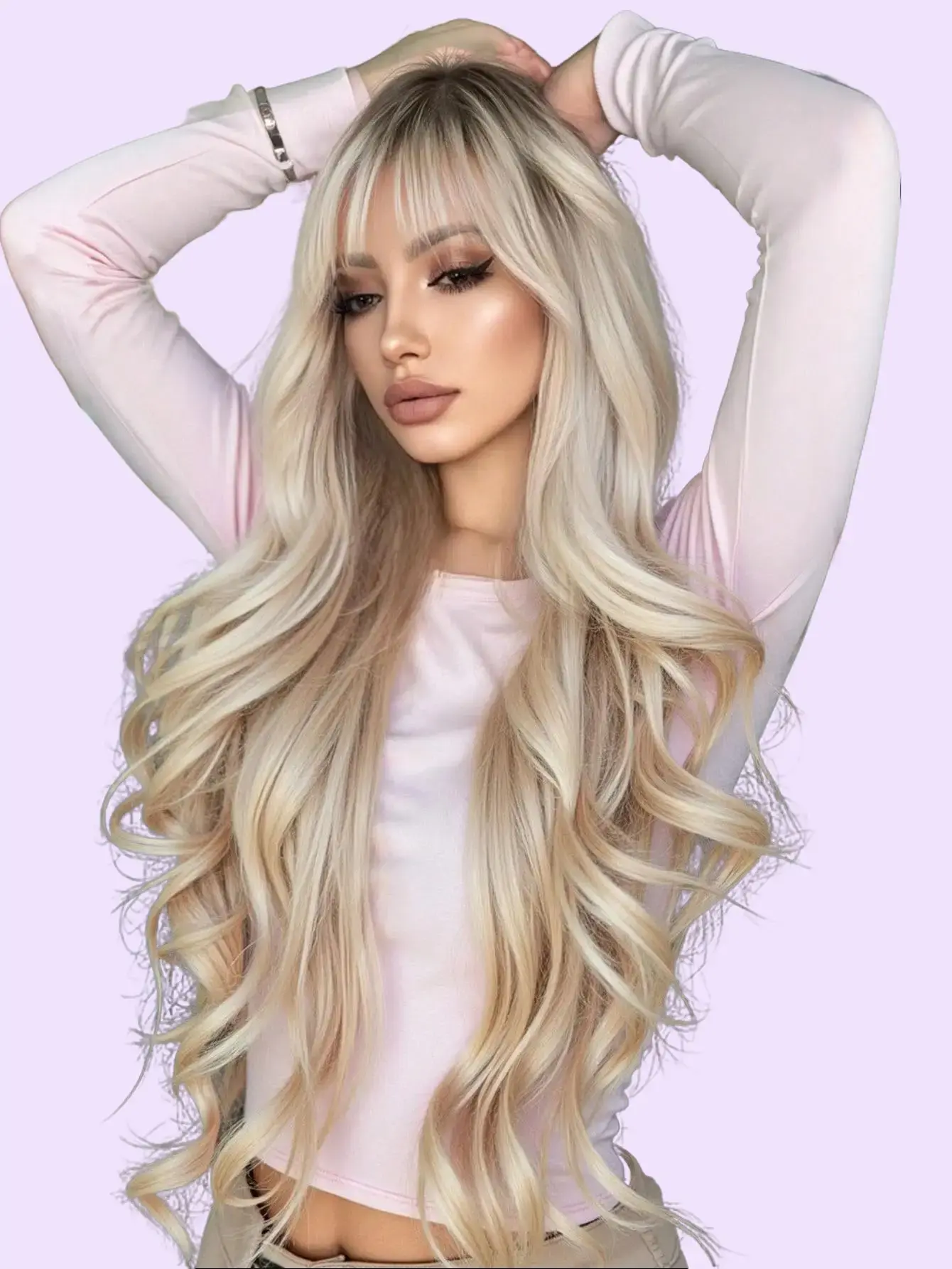 Platinum Blonde Long Curly Wig with Bangs for Women - Natural Appearance, 28inch，Heat-Resistant Synthetic Hair, Full Head Coverage, Elegant and Versatile Style Fashion Wig Glueless Hairline Wig Scalp Effect Wig