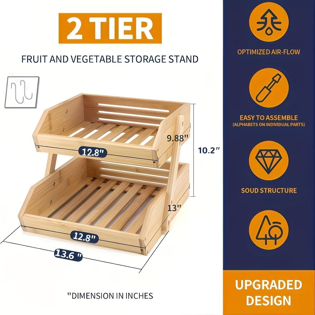 3/2 Tier Wooden Fruit Basket Stand – Large Capacity Countertop Organizer for Fruits, Vegetables & Bread 3/2 Tier Wooden Fruit Basket Stand – Large Capacity Countertop Organizer for Fruits, Vegetables & Bread
